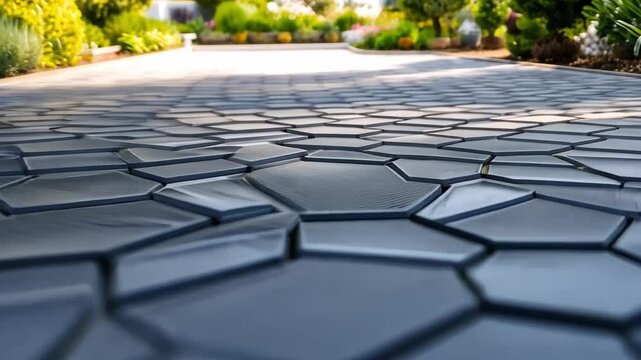 A close-up view of a textured stone pathway featuring hexagonal tiles in a garden setting.