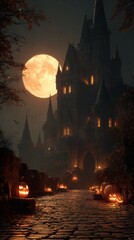 Halloween night view of a haunted castle with bats flying in the dark sky