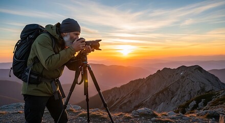 A photographer with a backpack takes a picture of a mountain landscape at sunset using a tripod.