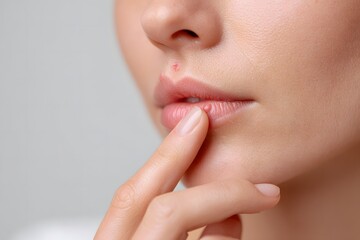 Closeup of woman’s face showing irritation or acne on her cheek with her finger on the spot, aesthetic makeup look, ideal for healthcare blogs, cosmetic products, or dermatological tips.