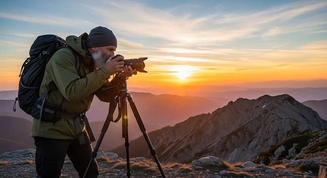 A photographer with a backpack takes a picture of a mountain landscape at sunset using a tripod.