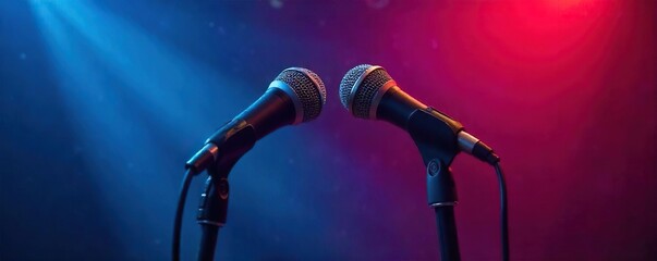 Obraz premium Two Microphones on Stage Ready for a Collaborative Presentation or Discussion. Ideal for teamwork, partnership, and communication concepts.