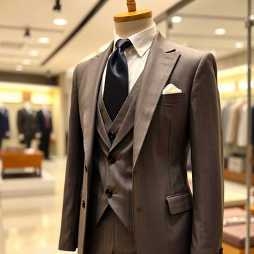 Modern gray three-piece men's suit with navy tie and pocket square in boutique