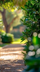 Lush greenery lines a tranquil pathway, inviting visitors to explore the serene landscape filled with gentle sunlight and soft shadows in this idyllic setting.