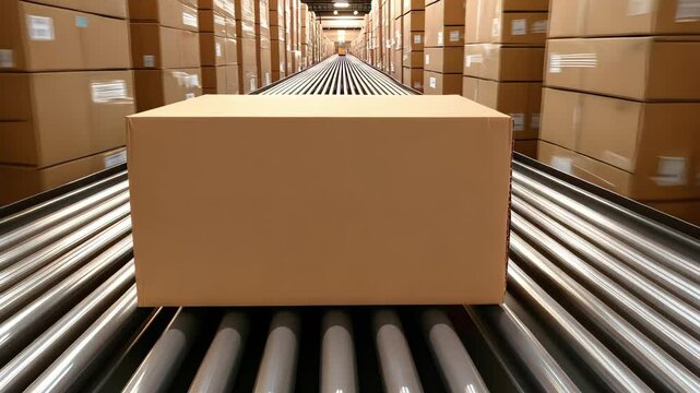 A large cardboard box on a conveyor belt in a warehouse filled with stacked boxes.