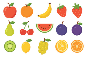 Colorful set of different fruits in flat style, arranged in neat rows. Simple healthy food icons on white background. Perfect for stickers, fabric prints, packaging and children's design. Vector