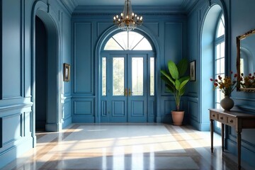 Fototapeta premium Serene Blue Foyer Soft Natural Light Bathes Elegant Architectural Details, Creating a Calming Atmosphere Perfect for Home Decor, Interior Design, and Real Estate Websites.