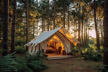 Glamping tent with open canvas flaps revealing cozy interior, set in dense pine forest, warm sunrise light pouring in from behind