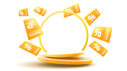 Orange coupons with percentage fly near podium. Vector illustration