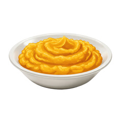 Creamy yellow puree in a white bowl, swirled with a peak in the center