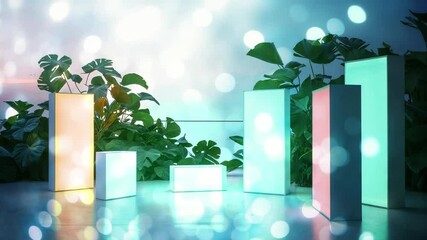 Drifting bokeh initiating hue shifting on five rectangular prisms on reflective table amid foliage - Powered by Adobe