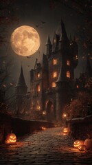 Halloween night view of a haunted castle with bats flying in the dark sky