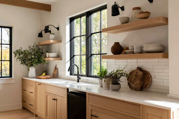 Kitchen interior with floating oak shelves and matte black fixtures, bathed in natural window light
