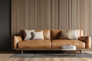 Living room with tan leather sofa and vertical wood slat wall behind, stack of design books on coffee table