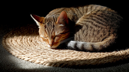 Golden sunlight illuminates a content cat napping on a cozy woven mat indoors