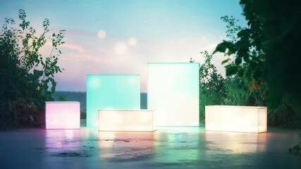 Pulsing prisms casting reflections on reflective terrace at dusk with drifting particles and shrubs - Powered by Adobe