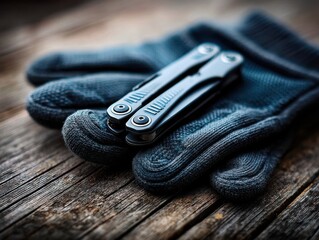 Compact Multitool Resting on Knitted Gloves Displayed on Weathered Wooden Surface