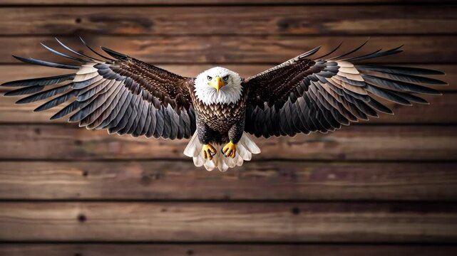 A majestic bald eagle soaring with its wings outstretched against a rustic wooden background.