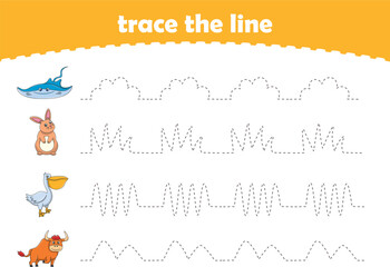 Handwriting Practice. Tracing lines for kids with animals. Vector Illustration