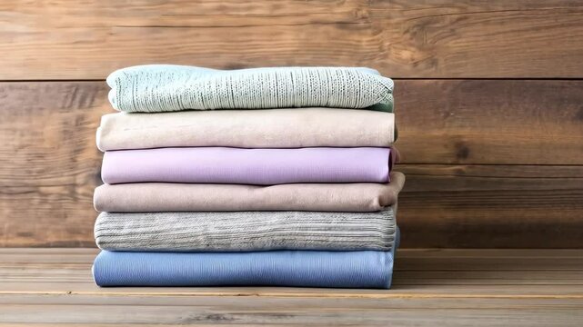 A stack of neatly folded fabric in various soft colors placed on a wooden surface.