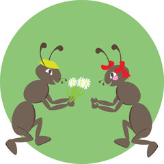 A cute ant in a cap gives flowers to an ant with red bows.