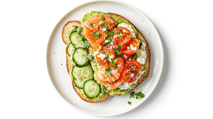 A sandwich with red fish, cucumber, tomato and greens. Appetizing tuna and vegetable sandwich on a white plate.