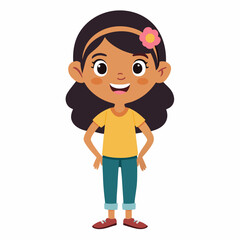 Obraz premium happy Latina girl, Latin girl, Hispanic girl, smiling girl, joyful child, cheerful girl, full body girl, full-length girl, standing girl, cartoon girl, child character, Latina kid, white background, f