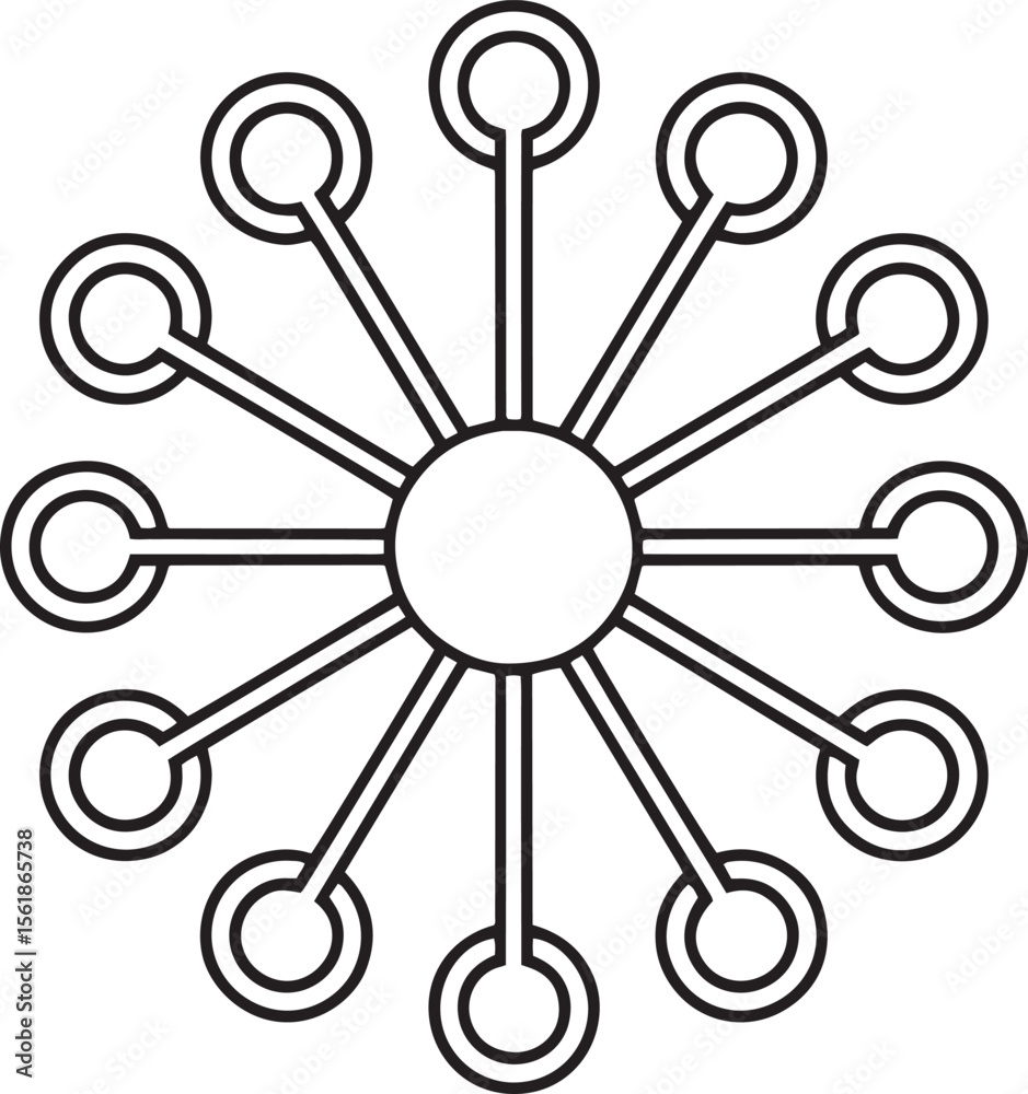 Poster minimal centralized data network icon circular node diagram vector, radial tech symbols, minimal hub