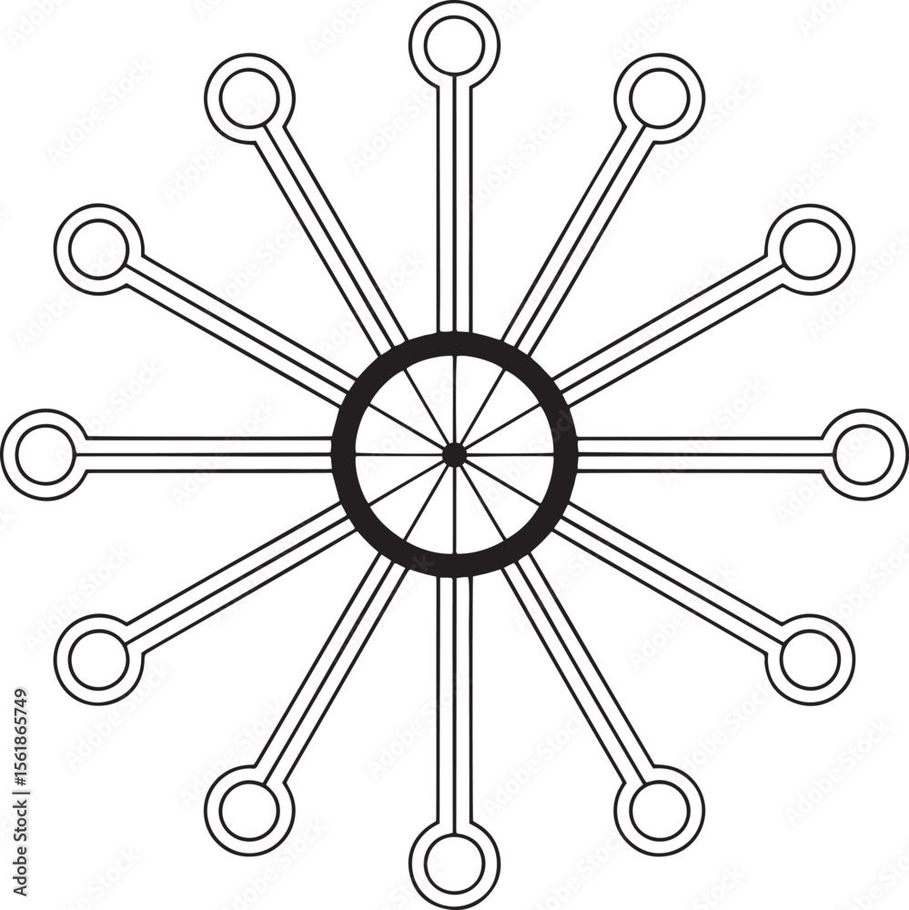 Poster minimal centralized data network icon circular node diagram vector, radial tech symbols, minimal hub