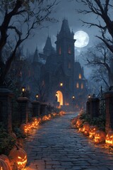 Halloween night view of an old gothic castle in a medieval European village