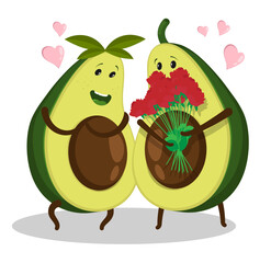 Embarrassed young avocado guy gives a bouquet of red flowers to his lover. Gives flowers on anniversary of relationship. Cartoon vector isolated on white background