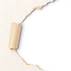 Torn paper with hole on white background showing vintage burnt edges and aged texture