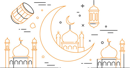 muharram celebration icons including crescent moon with arabic calligraphy, mosque silhouettes, ashura labels and festive lanterns
