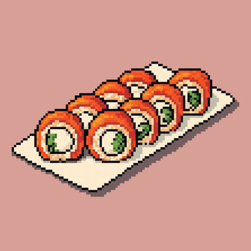 Vector pixel art illustrates sushi rolls on a white plate in a classic 8-bit/16-bit style. The orange rolls Philadelphia with green wasabi and white cheese stand out against a soft pink background