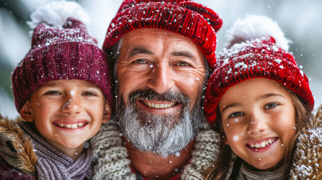 Smiling man with gray beard wearing red hat poses with two children in winter hats, surrounded by falling snow, capturing joyful family moments in a festive atmosphere