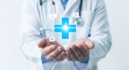 Medical Doctor Hands Hold Healthcare Technology Symbols