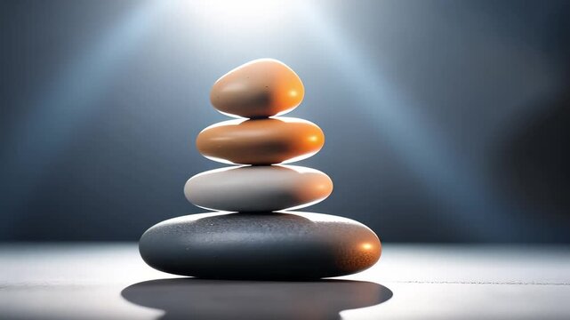 A stack of smooth stones in various colors, arranged in a balanced tower on a flat surface.