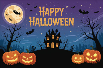 Fototapeta premium Halloween night background with pumpkins bats moon spooky silhouette