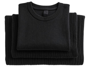 Top View of Folded Black Sweater Piles in Group of Three, isolated on transparent background