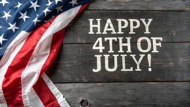 Happy fourth of july greeting with american flag on rustic wood background