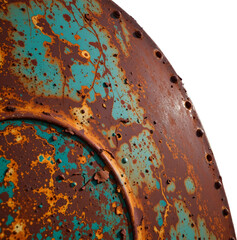 create an image of a rusty metal surface in a serene landscape, the metal should be the focal point, with its rust and patina given close attention, to contrast the industrial feel of the metal
