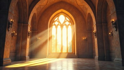 Obraz premium Divine Light Streaming Through an Arched Angel Window, Illuminating a Serene Chapel Interior with Soft Ethereal Glow