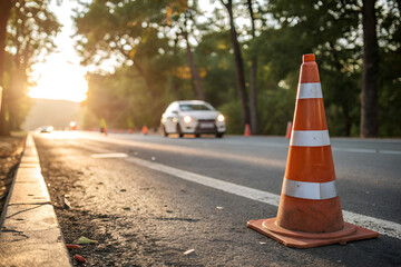 Traffic cone guides cars on sunlit road with distant vehicles and trees