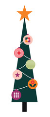 Christmas geometric pine tree of abstract bauhaus pattern, vector holiday banner. Christmas ornament of simple shapes with circle baubles mosaic and green geometric branches for web, mobile, post card