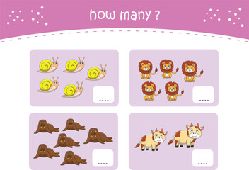 Count and match activity page for kids with cute wild animals. Elementary math for preschool and kindergarten. Vector illustration