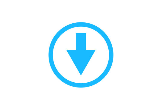 A bright blue down arrow inside a circular outline isolated on transparent background