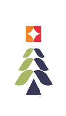 Christmas geometric pine tree of abstract bauhaus pattern, vector holiday banner. Christmas ornament of simple shapes with circle baubles mosaic and green geometric branches for web, mobile, post card