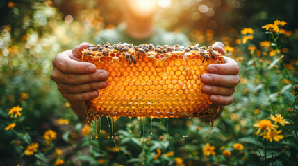 Individual holding a honeycomb filled with golden honey, surrounded by vibrant flowers in a sunlit garden, showcasing the beauty of nature and beekeeping practices