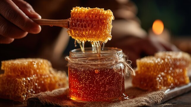 Beekeeper holding honeycomb over jar of fresh honey - Powered by Adobe