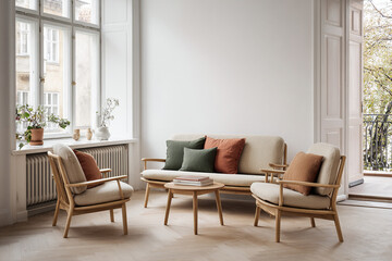 Open-plan Nordic interior with light wood furniture, white walls, and soft furnishings in earth tones, couch placed off-center with large window providing natural light
